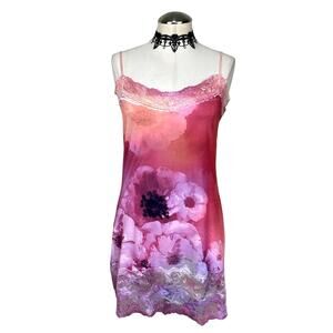 Vtg Y2K Ransome Pink Floral Lace Tank Mini Dress Boho Coquette Summer Hippie XL